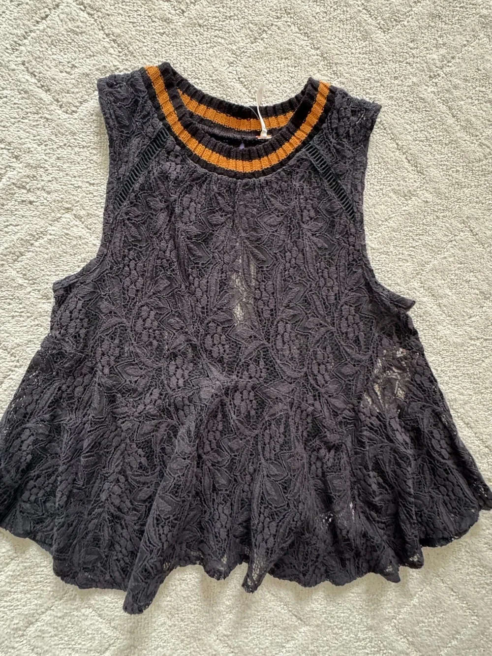 Free People Black Lace sleeveless Tank with brown- Trim Ribbed Neckline/XS/ NWT